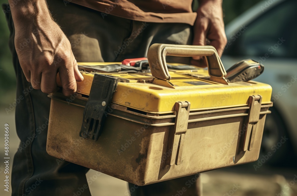 Repairman carrying toolbox. Technician worker with professional service equipment. Generate ai Repairman carrying toolbox. Technician worker with professional service equipment. Generate ai