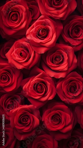 Close-up image showcasing the velvety texture and vibrant red hues of individual rose petals, background image, generative AI