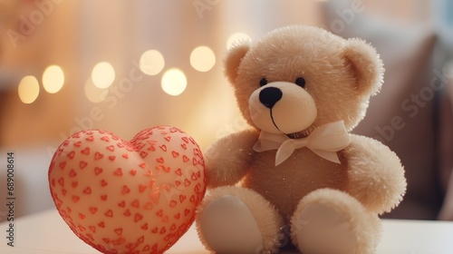 Close-up details of a teddy bear holding a heart, emphasizing the adorable gesture and romantic symbolism against Valentine's Day background, generative AI
