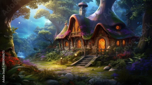 Enchanting forest home nestled among lush flora with cascading waterfall in serene night setting. Fantasy and magic.