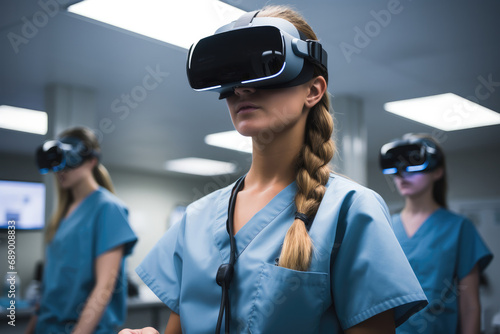 Nurse wearing VR virtual reality headset in training simulation room using virtual reality.