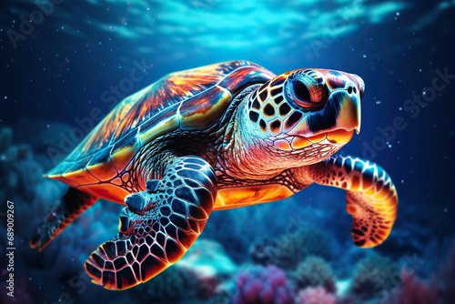 A turtle swims underwater in neon light. Generated by artificial intelligence