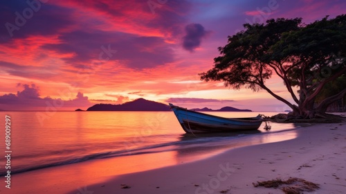  featuring the tranquil allure of a pristine Thai beach. Captured during the magic hour of sunset, the sky unfolds a symphony of pinks and oranges, casting a warm, romantic glow on the scenery.