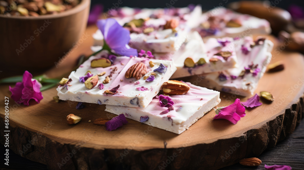 Delicious dessert yogurt bark on a table. Solid yogurt or white chocolate with delicious nuts and berries. Useful dairy dessert with granola, proper nutrition.