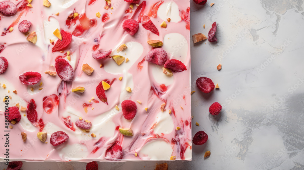 Delicious dessert yogurt bark on a table. Solid yogurt or white chocolate with delicious nuts and berries. Useful dairy dessert with granola, proper nutrition, copy space. Delicious dessert yogurt bark on a table. Solid yogurt or white chocolate with delicious nuts and berries. Useful dairy dessert with granola, proper nutrition, copy space.