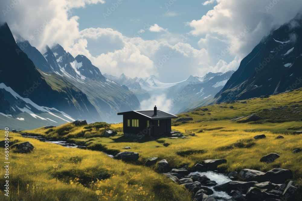 Black cabin on mountainside, Valley and blue clouds in background.