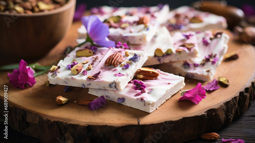 Delicious dessert yogurt bark on a table. Solid yogurt or white chocolate with delicious nuts and berries. Useful dairy dessert with granola, proper nutrition. © dinastya