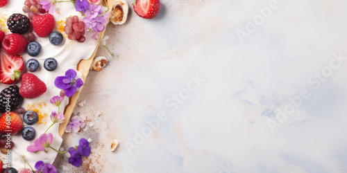 Delicious dessert yogurt bark on a table. Solid yogurt or white chocolate with delicious nuts and berries. Useful dairy dessert with granola, proper nutrition, copy space.