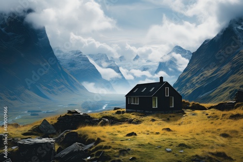 Black cabin on mountainside, Valley and blue clouds in background. © visoot