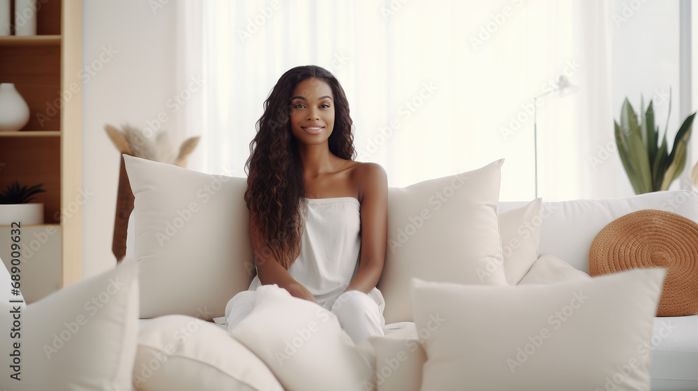 Portrait of a beautiful curly young African woman sitting on a sofa in a living room in light pastel colored interior. Portrait of a beautiful curly young African woman sitting on a sofa in a living room in light pastel colored interior.