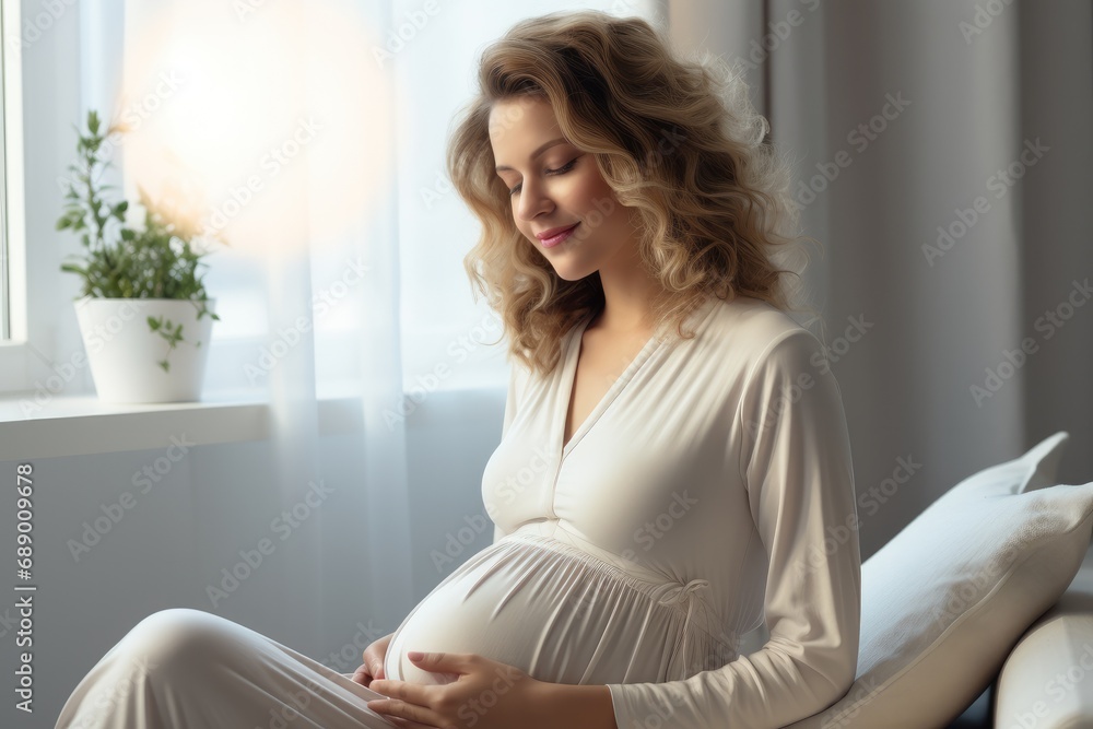 A pregnant woman is seated in a brightly lit room. A pregnant woman is seated in a brightly lit room.
