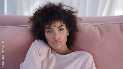 Portrait face of a beautiful young African woman sitting on a sofa in a living room in light pastel colored interior.