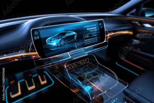 3D holographic car screen showing information such as speed, Gas, Engine. © visoot