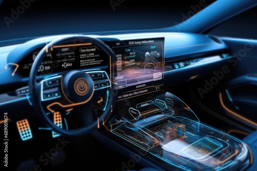 3D holographic car screen showing information such as speed, Gas, Engine. © visoot