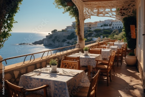 Fototapeta Naklejka Na Ścianę i Meble -  A cosy restaurant balcony with a sea view.
