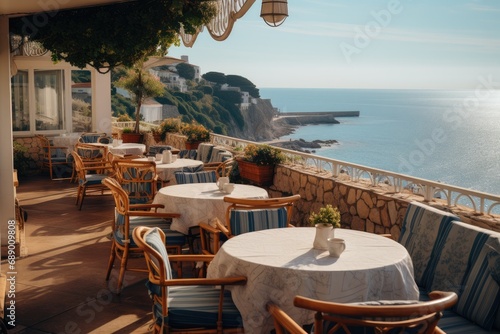 Fototapeta Naklejka Na Ścianę i Meble -  A cosy restaurant balcony with a sea view.