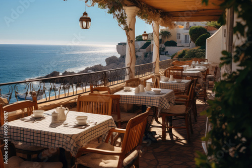 A cosy restaurant balcony with a sea view.