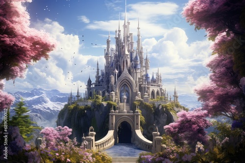 Soaring castle spires amid lush floral garden and misty mountains. Pathway leading to grand entrance with flowing river nearby. Fantastical realm inspiration.