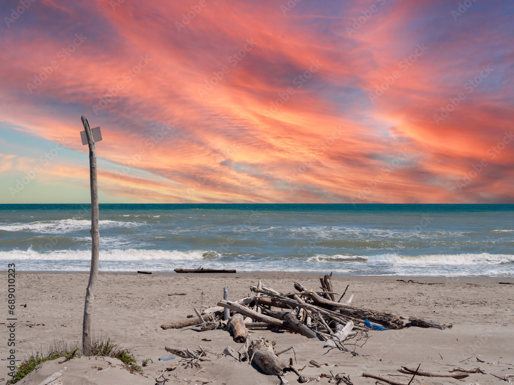 Sunset on the Adriatic Sea with driftwood on the natural beach Sunset on the Adriatic Sea with driftwood on the natural beach