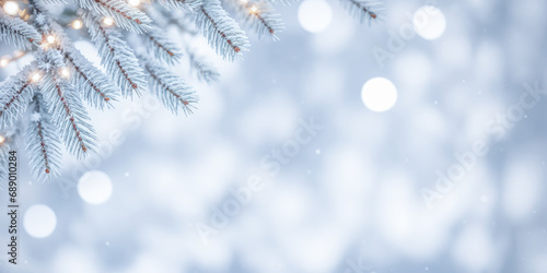 Empty panoramic winter background. Christmas blue background with snow. beautiful bokeh circles, wide banner, copy space