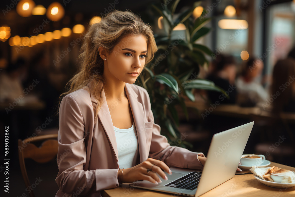 Woman working in coffee shop on a laptop. Woman working in coffee shop on a laptop.