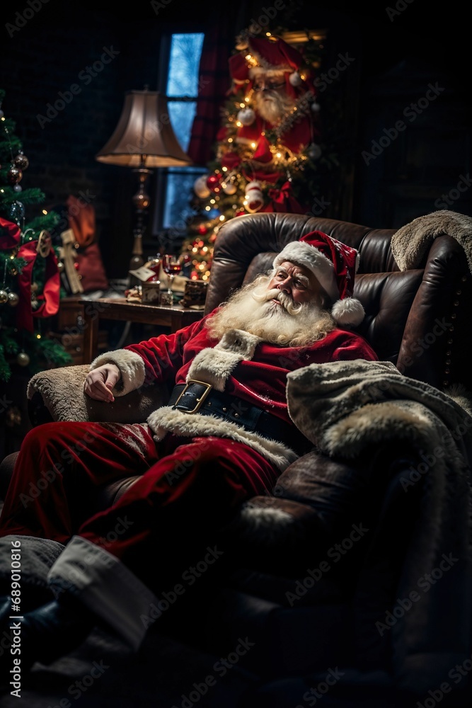 Festive Santa Claus Seated on a Cozy Sofa, Decorating a Christmas Tree in a Warm Holiday Home