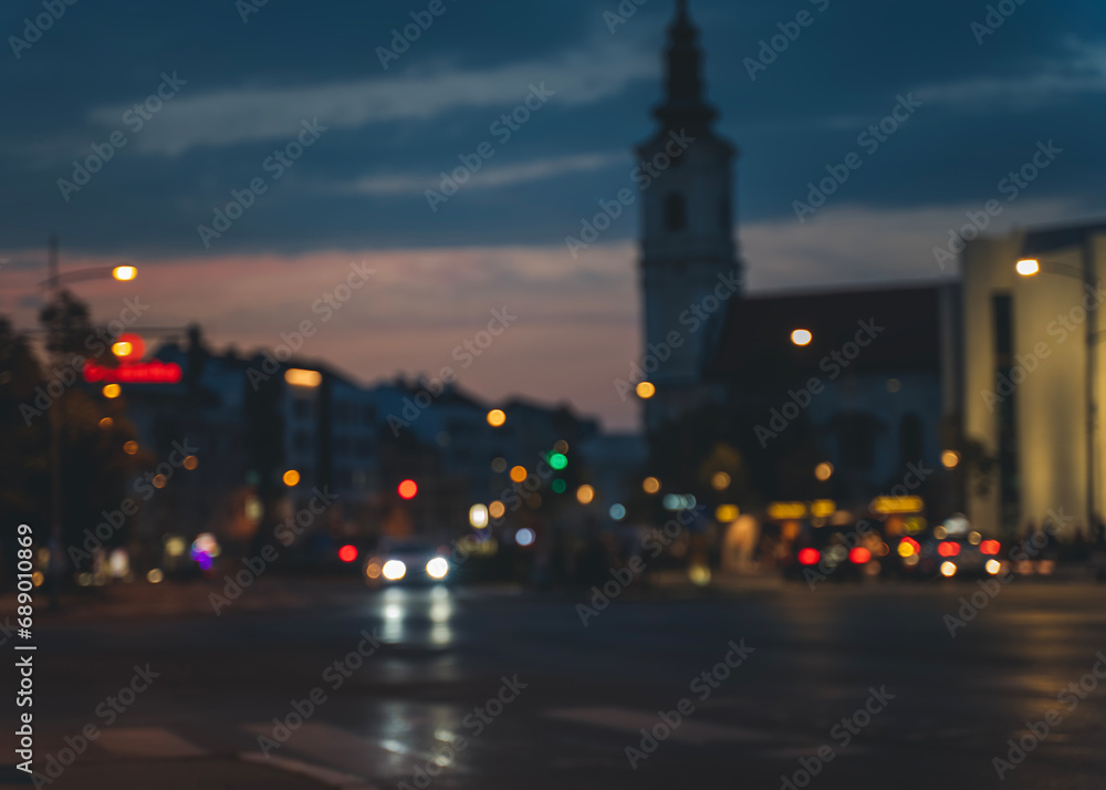 Road in the evening city, blurry abstract image, urban view background