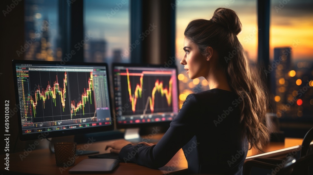 Broker businesswoman looks at rising financial graph charts with Candlestick charts, Success at stock market. Broker businesswoman looks at rising financial graph charts with Candlestick charts, Success at stock market.