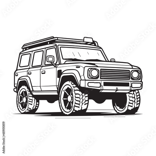 SUV in cartoon, doodle style. Isolated 2d vector illustration in logo, icon style, Eps 10, black and white. AI Generative