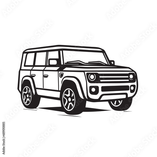 SUV in cartoon, doodle style. Isolated 2d vector illustration in logo, icon style, Eps 10, black and white. AI Generative