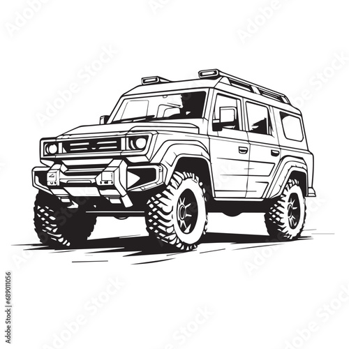 SUV in cartoon, doodle style. Isolated 2d vector illustration in logo, icon style, Eps 10, black and white. AI Generative