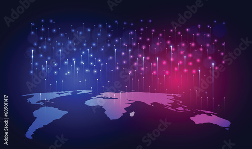 Smart City Technology background. Digital technology speeds up internet network connections with Earth on a blue and red background. Concept of Big data, cyber information, AI, Vector.