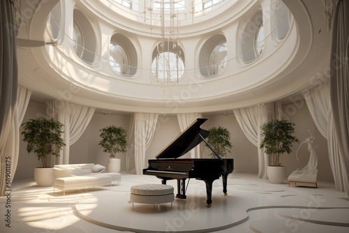 A piano is placed in the center of a cylindrical room with high ceilings.