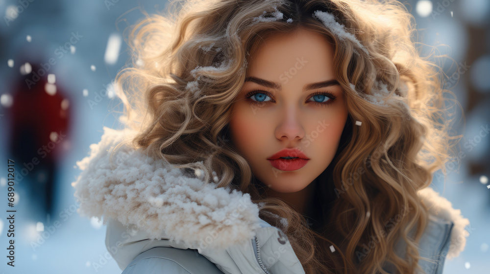 A breathtaking young woman in a Santa Claus costume standing gracefully among the snowflakes, Winter forest scene. A breathtaking young woman in a Santa Claus costume standing gracefully among the snowflakes, Winter forest scene.