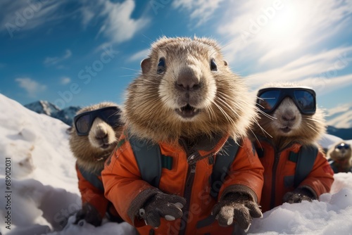 Young groundhogs skiing in the snow. photo