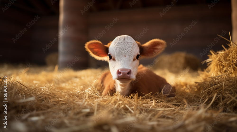 Fototapeta premium A small calf lying in the straw