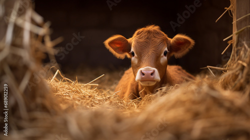 A small calf lying in the straw