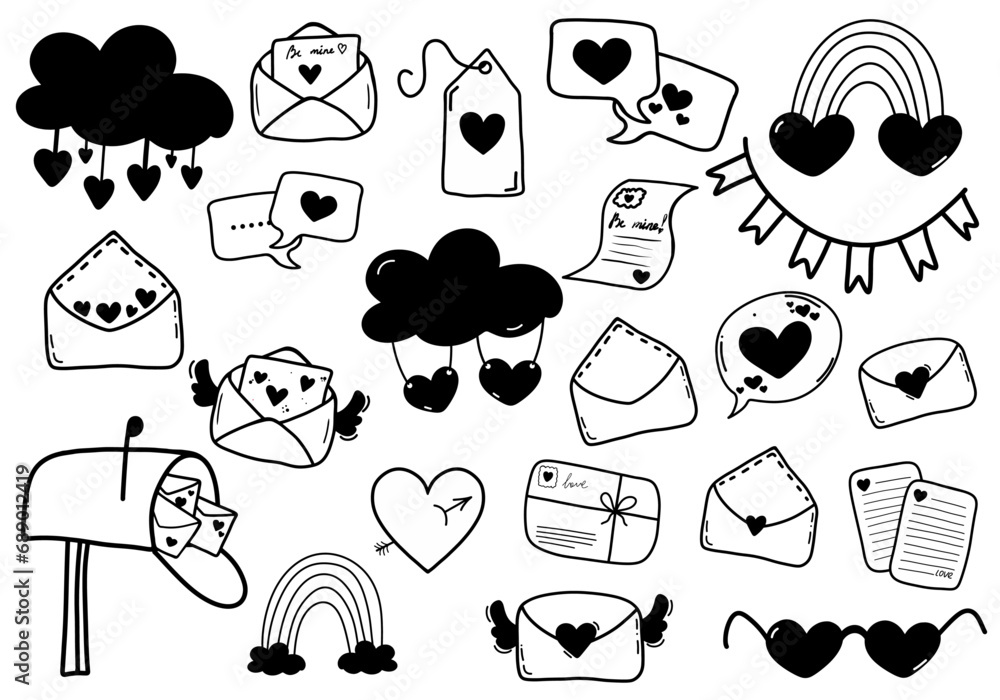 Set of 22 simple forms on the theme of love. Love letter, Valentine's day, cloud, rainbow, cupid's arrow, mailbox, heart, flags. Set of 22 simple forms on the theme of love. Love letter, Valentine's day, cloud, rainbow, cupid's arrow, mailbox, heart, flags.