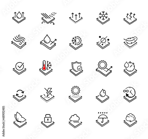 Set icons for functional fabric, clothing. Vector illustration. Isolated on white background. It can be used in the adv, promo, package, etc. EPS10.