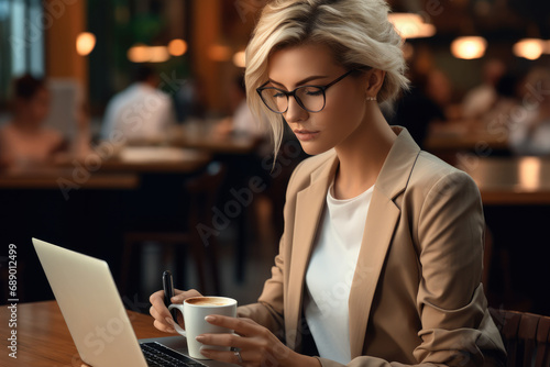 A businesswoman short blonde hair sitting at a table in a coffee shop working with laptop.