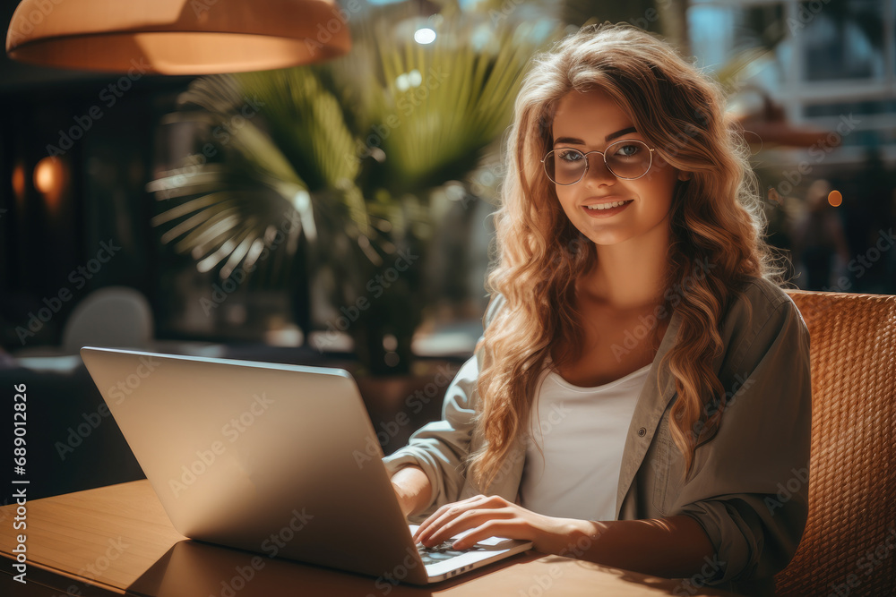 Young woman happy working on the laptop in the modern condominium comfortable. Young woman happy working on the laptop in the modern condominium comfortable.