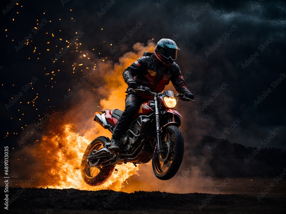 A motorcycle jumping over a fiery pit