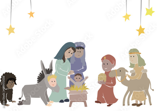 Christmas card, Mary Joseph kings and animals