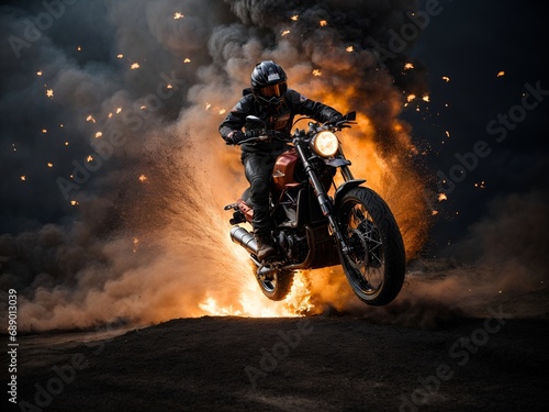 A motorcycle jumping over a fiery pit © Meeza