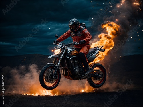 A motorcycle jumping over a fiery pit
