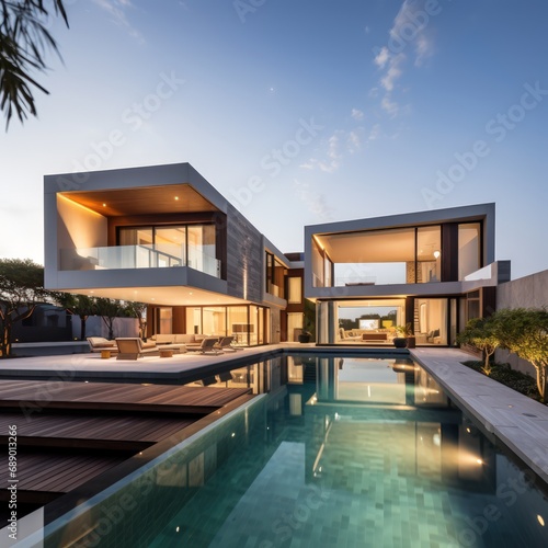 Exterior of a modern minimalist cubic villa with a swimming pool © crazyass
