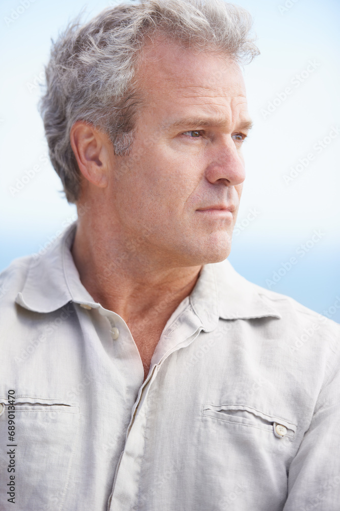 Serious, old man and thinking outdoor in retirement with ideas for health, wellness and mindfulness. Mature, person and planning a decision for future in mockup space with blue sky and background Serious, old man and thinking outdoor in retirement with ideas for health, wellness and mindfulness. Mature, person and planning a decision for future in mockup space with blue sky and background