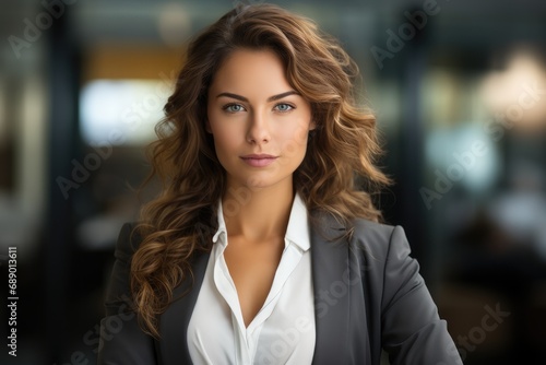 Portrait of a powerful, Proud and confident female executive businesswoman standing in a modern office.