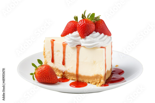 Strawberry Cheesecake with Whipped Cream and Strawberry Sauce Isolated on White Background