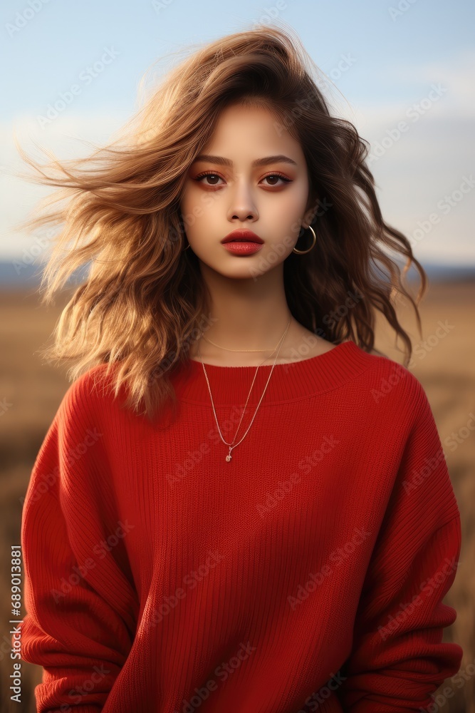 Fototapeta premium Young woman in red sweater posing in a field.